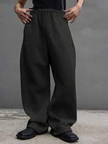 1件青少年男童休闲宽松舒适户外运动纯色抓绒针织直筒阔腿涤纶裤，春/秋/冬 - 黑色 - 查看 5