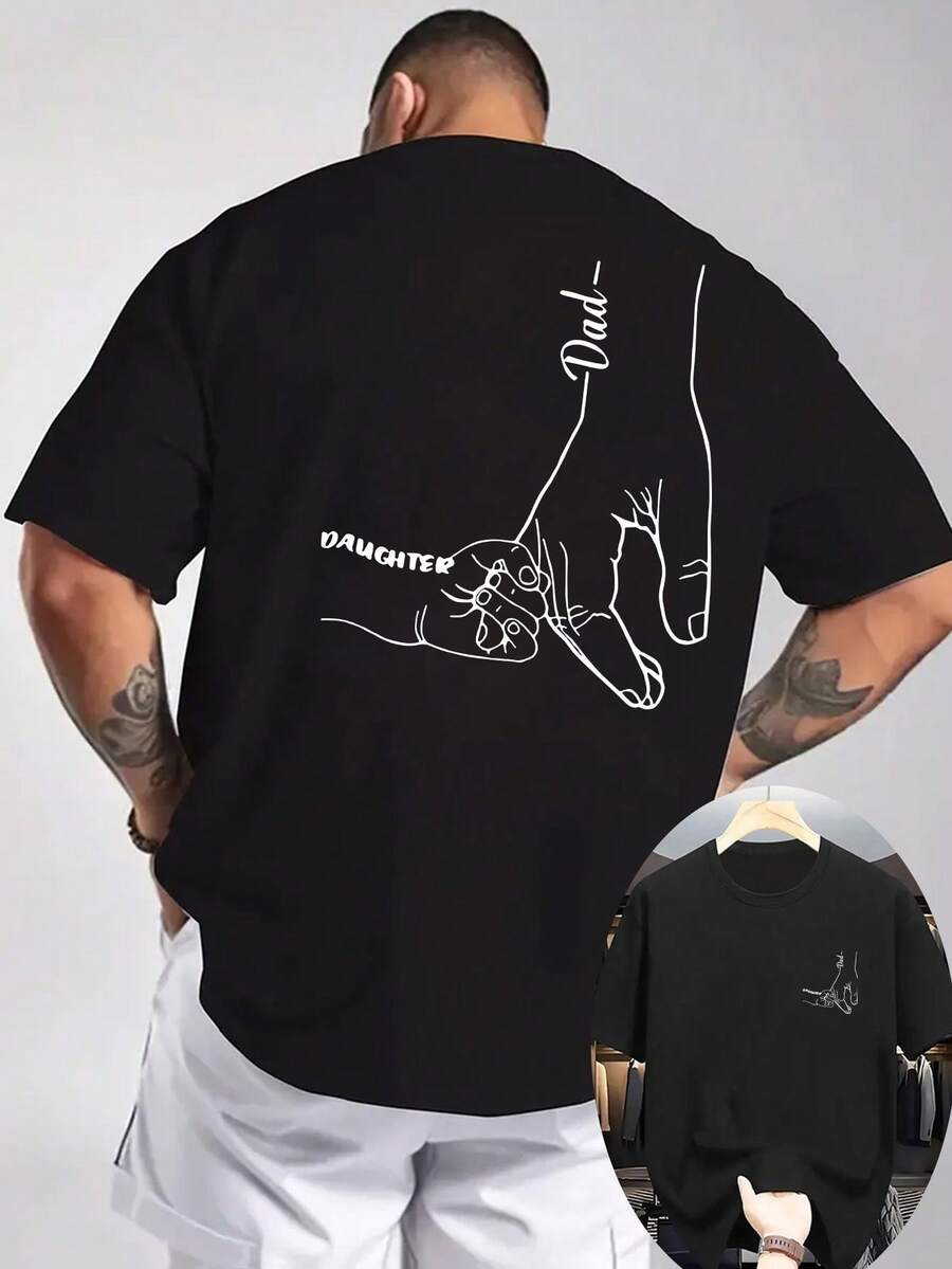 Men's Father And Daughter T-Shirt - Front And Back Print Hand-Drawn Father And Daughter Pattern - Father's Day Gift, Lightweight Fabric, Breathable, Casual Summer Crew Neck Short Sleeve (Machine Washable), Outdoor Activities, Emotional Design, Durable Construction, Shirts, Jackets, T-Shirts, Gym, Men's Jackets - 黑色 - 查看 1