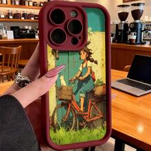 Cubierta de teléfono con borde negro diseño de niña en bicicleta con gato y puerta verde para uso diario y viajes - Café integral - Ver 5