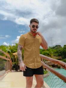 Men's Short-Sleeve Shirt With Mandarin Collar And Linen-Look - Assorted Colors - Comfortable - Apricot - View 1