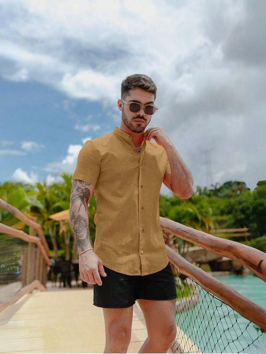 Men's Short-Sleeve Shirt With Mandarin Collar And Linen-Look - Assorted Colors - Comfortable - Apricot - View 1