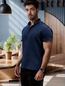 Men's Short-Sleeve Shirt With Mandarin Collar And Linen-Look - Assorted Colors - Comfortable - Navy Blue - View 7
