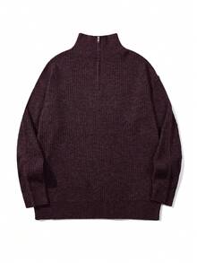 秋冬新款针织休闲宽松套头毛衣，简约风格，串珠纹理，通勤商务休闲领拉链长袖超大码男女通用针织衫 - 酒紅色 - 查看 4