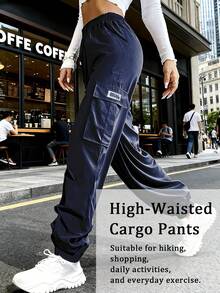 Hidkat Women's Zippered Pocket Cargo Pants, Stylish Large Pocket Design, Drawstring Elastic Waistband, Casual Outdoor/Everyday Wear Trousers - 藍色 - 查看 5