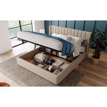 Polsterbed Storage Bed, 180x200cm Hydraulic Double Bed, Wooden Slat Base, Bed With Metal Frame And Slat Base, Linen, Beige - Beige + Linen + 160cm*200cm - 查看 7