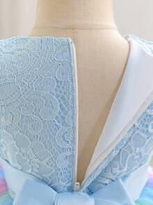 Girls Dress New Stylish Cute Light Blue Sleeveless Dress, Sweet Rainbow Ombre Tulle Puff Skirt, 3-10 Years Old Girls Party, Birthday, Festival Occasion Dress, Lace Patchwork Colorful Maxi Princess Dress - Baby Blue - View 9