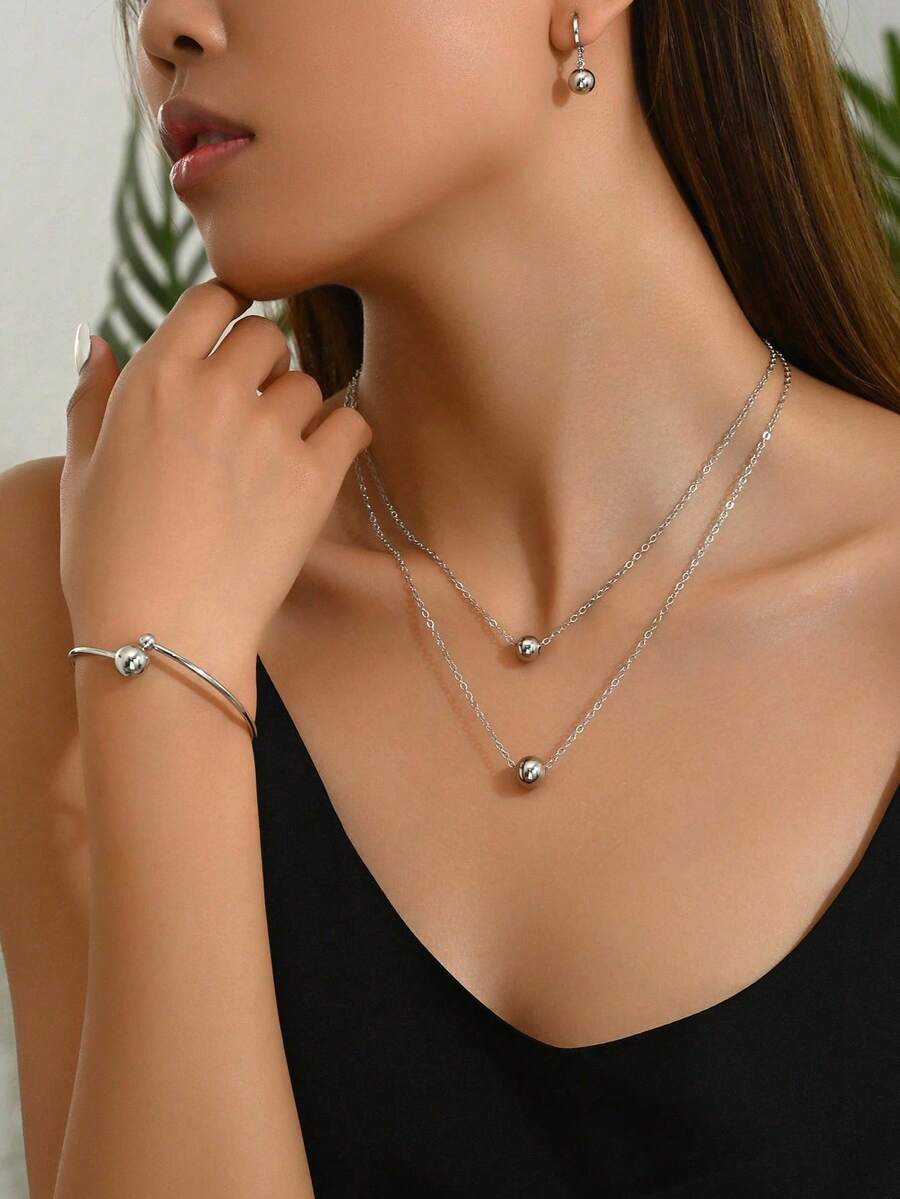 1 Set Women's Silver Exaggerated Sphere Design Necklace + Bracelet + Earrings Jewelry Set, Suitable For Daily Wear - Silver - View 1
