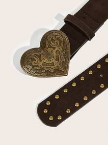 1pc Vintage Alloy Buckle Printed PU Leather Belt, Suitable For Western Cowgirl Style - Coffee - View 4