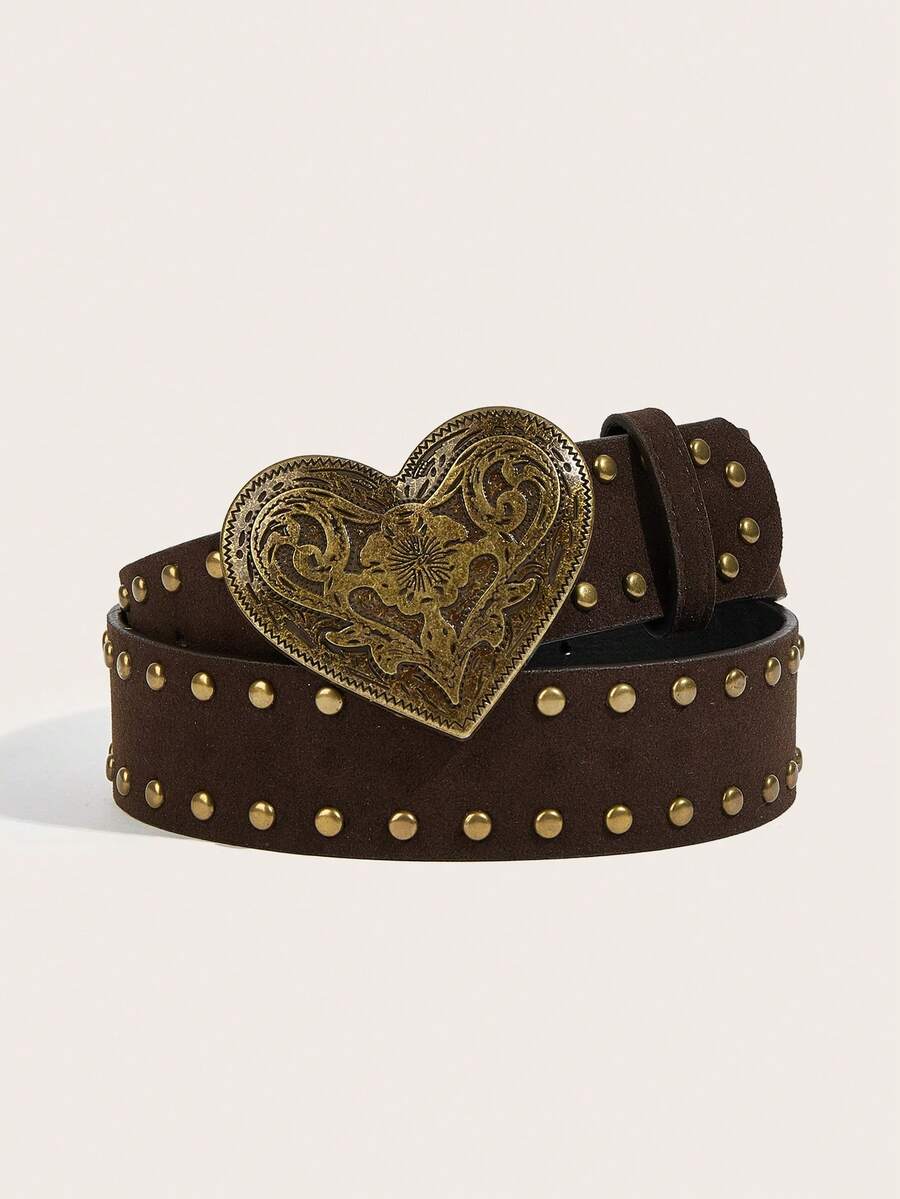 1pc Vintage Alloy Buckle Printed PU Leather Belt, Suitable For Western Cowgirl Style - Coffee - View 1