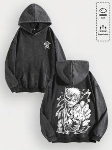 EWH Men Y2K Na Ruto Gaara "Love" Kanji Graphic Cotton Hoodie, Soft Warm Retro Casual Stylish Daily Wear, Fashionable Graphic Hoodies For Streetwear & Anime Fans Gifts 010-AB - 黑色 - 查看 1