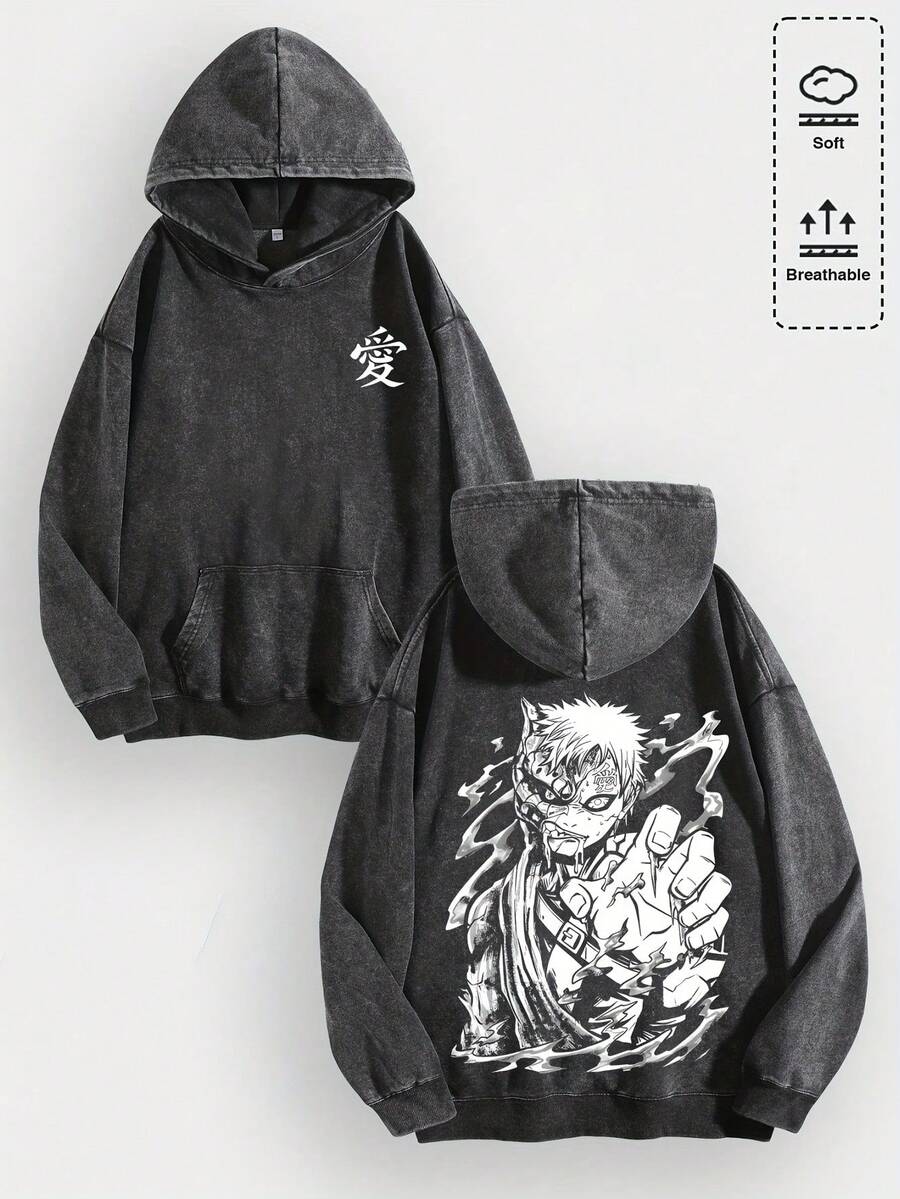 EWH Men Y2K Na Ruto Gaara "Love" Kanji Graphic Cotton Hoodie, Soft Warm Retro Casual Stylish Daily Wear, Fashionable Graphic Hoodies For Streetwear & Anime Fans Gifts 010-AB - 黑色 - 查看 1