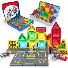 Magnetic Building Block Set With Iron Box, STEM Sensory Toy Education Building Block Imitates Road Driving Perfect Birthday Gift Random Color Christmas Halloween Gift, For Boys And Girls 3 Years Old+ - 彩色 - 查看 9