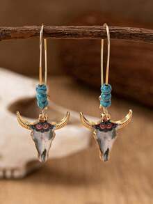 1 Pair Western Cowboy Style Blue Turquoise Decor Longhorn Pendant Earrings (For Women) - Multicolor - View 5