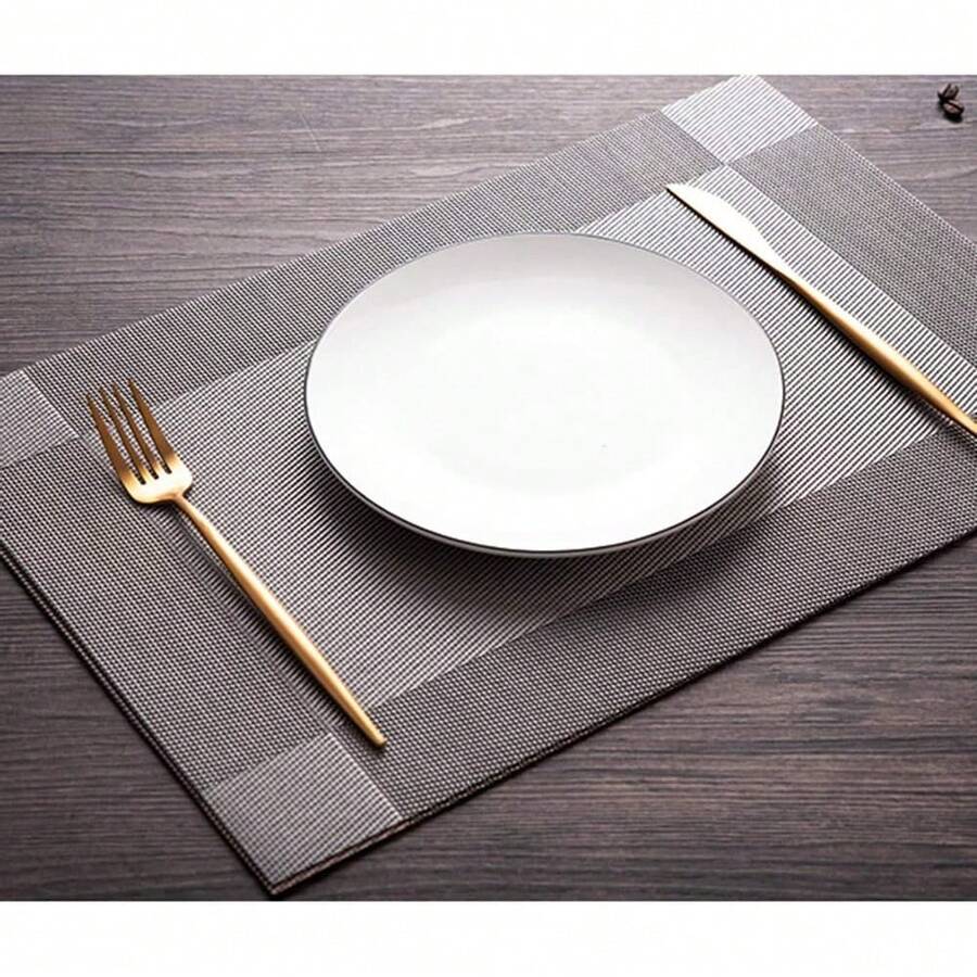 Placemats Set Of 4, Place Mats For Kitchen Dining Table, Heat-Resistant Anti-Skid Stain Washable PVC Table Mats, Easy To Cleaning Woven Vinyl Dinner Mats - 銀灰色4pcs - 查看 1