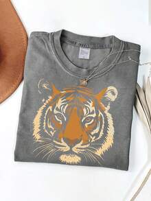 230g Washed Women's Retro 90s Animal Gift For Tiger Lover Wild Cat Graphic Oversize Vintage Washed Black Short Sleeve Cotton T-Shirt - Grey - View 1