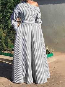 大码女式连衣裙，撞色条纹印花，不对称领口，长袖衬衫裙，口袋设计，休闲日常，时尚优雅，适合度假、办公通勤、秋冬季穿着。 - 黑與白 - 查看 4