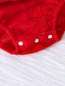 Baby Girl Christmas Style Bodysuit 2-Piece Set, Adorable Santa Claus Pattern Red Dress With White Ruffle Collar, Matching Bow Hair Accessory, Festive Design Suitable For Everyday Wear - Red - View 7