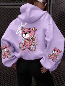 Teen Girl Style, Doodle Style Cartoon Bear Letter Print Pattern, Casual Style, Hooded Sweatshirt, Can Be Worn In Spring And Autumn, Shopping,Suitable For Daily Wear, Graduation, Homecoming, Graduation Ceremony, Teachers, Homecoming, Party, Travel Pullovers, Kids, Teen Girls Clothes, Girls Clothes