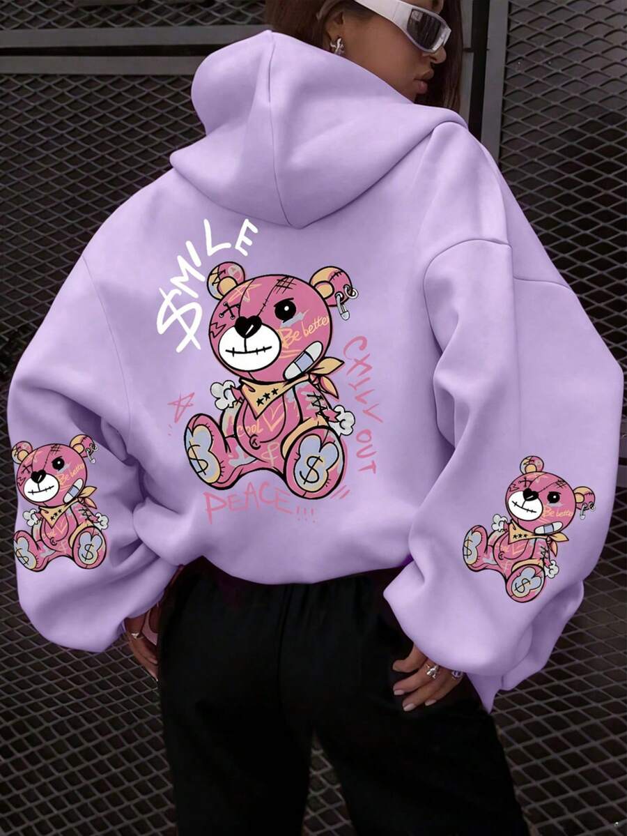 Teen Girl Style, Doodle Style Cartoon Bear Letter Print Pattern, Casual Style, Hooded Sweatshirt, Can Be Worn In Spring And Autumn, Shopping,Suitable For Daily Wear, Graduation, Homecoming, Graduation Ceremony, Teachers, Homecoming, Party, Travel Pullovers, Kids, Teen Girls Clothes, Girls Clothes