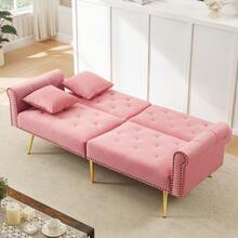 Sofa Bed With Bed Function, Adjustable Angle, Gold Legs, With Pillows And Side Storage Pockets - Pink + Foam + 2 Seat - View 3