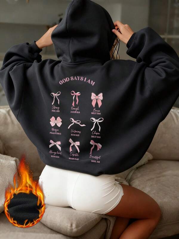 Sudadera con capucha de manga larga con cordón, bolsillo, estampado de lazo y eslogan, estilo casual y versátil para vacaciones, ropa de mujer de invierno de moda adecuada para uso diario
