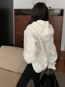 女士字母刺绣加厚连帽毛衣，休闲宽松修身针织套头衫 白色 - 白色 - 查看 2