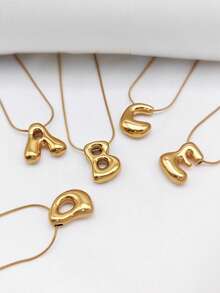 1件夏季百搭粗链3D字母吊坠不锈钢蛇骨链项链，不对称字母设计，女士款 - 金黃色 - 查看 1