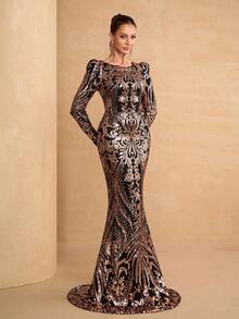 YISIKADO Women Sequin Pattern Modest Formal Evening Dress Round Neck Bubble Sleeves Fishtail Prom Party Dress For Wedding Guest Birthday Banquet Graduation Dinner Ball Ceremony Host Celebration Ceremonial Dress - 彩色 - 查看 3