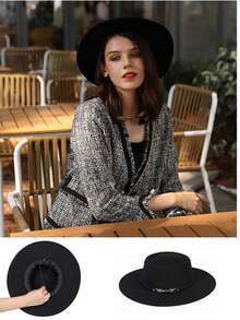 1pc Solid Color Wide Brim Indented Crown Felt Hat, French Fashion Round Top Wool Felt Hat, Wide Brim Church Derby Hat Retro British Style, Suitable For Travel, Vacation, Beach, Daily Use - A - View 2