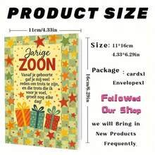 بطاقة تهنئة عيد ميلاد هولندية "ابني العزيز" مع ظرف - بتصميم نجمة احتفالية وهدية، مثالية للهدايا لابن هولندي، مناسبة لاحتفالات عيد الميلاد، بطاقة تهنئة