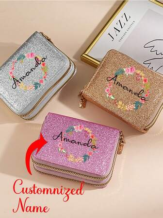 A Personalized Double-Zip Wallet With Customizable Name, Wreath Pattern, Credit Card Holder, Genuine Leather Women'S Wallet, Travel Zip Wallet, Anti-Theft Zip Wallet, Available In Black And White, Large Capacity Wallet, Suitable For Parties, Shopping, Travel And Other Occasions, And Makes A Gift For Any Occasion.