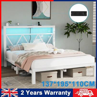OYAJIA 4ft6 Heavy Duty Double Bed Frames,Metal Bed Frame With Geometry Headboard And Charging Socket & Led Strip,Spacious Under-Bed Storage White Double Bed,Noise Free, Easy Assembly,139*194*110CM