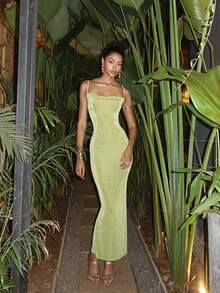 Solid Color Shoulder Knit Backless Fitted Cocktail Dress, Evening Gown, Suitable For Formal Dinners, Parties, Vacations And Other Occasions Party Spring Wedding - Green - View 7