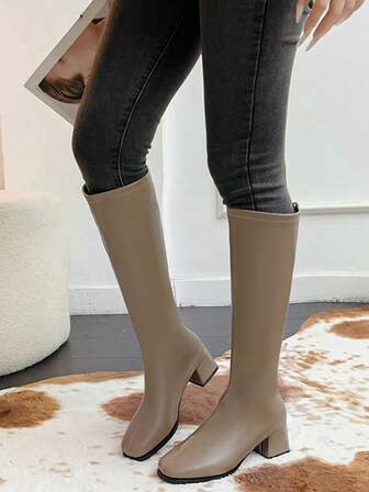 Women's Fashion Chunky Heel Flat Square Toe Back Zipper Simplistic Knee-High Boots, Solid Color Versatile Riding Boots, Over-The-Knee Straight Shaft Boots