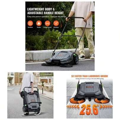 Walk - Behind Hand Push Floor Sweeper, 25.6 Sweeping Width Floor Sweeper Manual Non - Electric, 5 - Gallon Waste Container, Angle Height Adjustable Folding Handle For Walkway, Yard, Garage, Patio