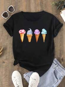Camiseta suelta y cómoda con cuatro patrones de helado - Negro - Ver 1