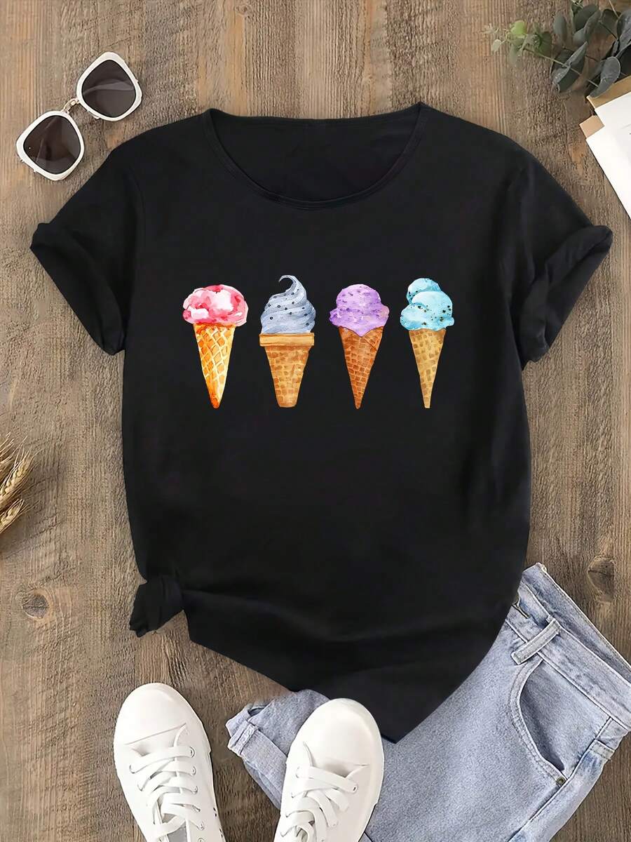 Camiseta suelta y cómoda con cuatro patrones de helado - Negro - Ver 1