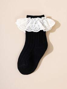 3 Pairs Girls' Vertical Stripe Solid Color Socks, Lace Trim, Spanish Style, Elegant & Sweet, Suitable For Ballet, Infant - White - View 5