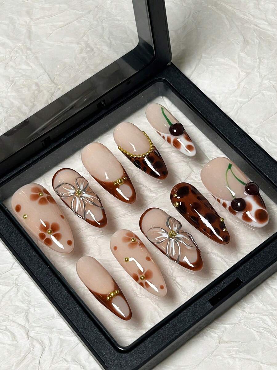 10pcs Brown Almond Handmade Press-On Nails French Finger Tips Hand-Painted Flowers 3D Cherry And Flower Design Suitable For Girls And Women Autumn And Winter Nail Decoration - Brown - View 1