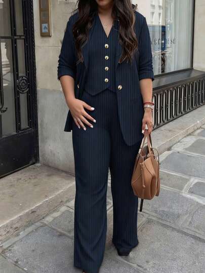 Women's Casual Commuting Striped Coat, Long Pants, Waistcoat, ​Plus Size Suit, Three Coats