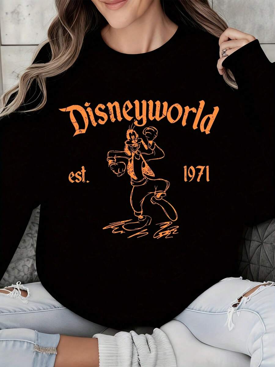 Plus Size Disney World Est 1971 Mickey Mouse Graphic Long Sleeve Sweatshirt  Casual Wear For Women And Girls Disney Theme Park Fan Apparel - 黑色 - 查看 1