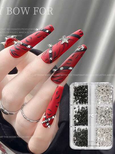 6件套黑白朋克风3D铆钉美甲装饰，复古暗黑极简金属水钻DIY 3D多功能美甲用品，Y2K金属美甲饰品，美甲沙龙装饰，美甲闪粉钻石宝石