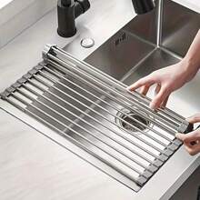 1 pieza Escurridor de platos enrollable, Rejilla escurreplatos multifuncional de acero inoxidable sobre el fregadero, Rejilla portátil enrollable de acero inoxidable, Felpudo para el fregadero, Utensilio de cocina - Multicolor - Ver 9