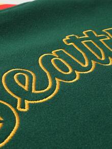 男士绿色棒球夹克，高端刺绣，时尚街头风，经典复古运动休闲风，拼接长袖嘻哈摩托车夹克 - 綠色 - 查看 4