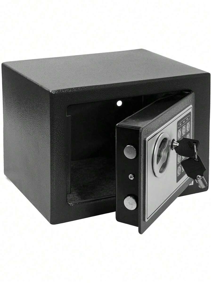 Pequeña caja fuerte de  electrónica con código digital y llave, incluye 2 llaves, soporte de pared y batería, apta para hogar, oficina, hotel - Negro - Ver 1