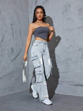 Jeans cargo de pierna recta con cintura alta, bolsillos múltiples y efecto desgastado para mujer, estilo Y2K