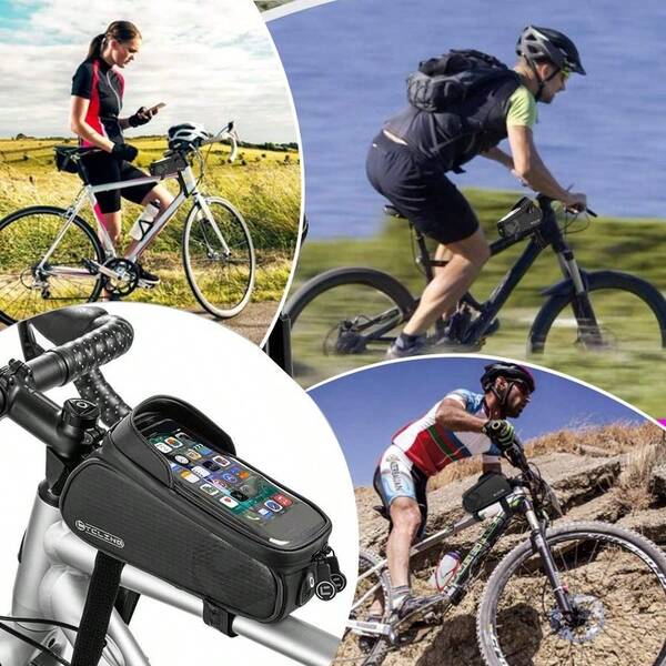 Bike Frame Bag With Phone Holder, Waterproof Bicycle Front Top Tube Pouch Bike Phone Mount Pack Cycling Handlebar Ba...