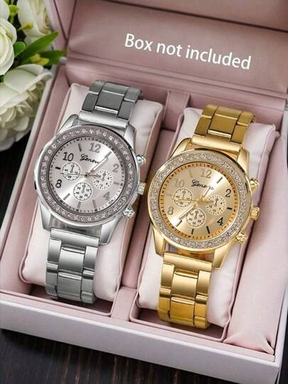 2PCS Luxurious And Elegant Women's Watch Set, Featuring A Two-Tone Gold And Silver Metal Strap With A Round Dial. The Design Is Versatile For Daily Commuting, Parties, And Various Occasions. It Makes A Thoughtful Gift For Girlfriends And Best Friends, Suitable For Mother's Day, Birthdays