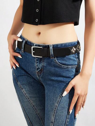 1条铆钉装饰腰带，仿绿松石和珍珠镶嵌男女通用皮革腰带，适合日常佩戴