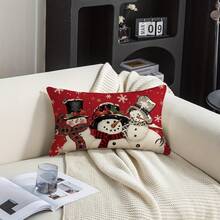 1pc/2pcs Christmas Tree & Snowman Print Pillow Cover, Farmhouse Style Single-Sided Plush Velvet Pillow Sham, Without Pillow Insert, Zipper Closure, Christmas & Winter Home Decor, Suitable For Holiday Living Room Or Bedroom, Sofa Decoration, Bedding Decor